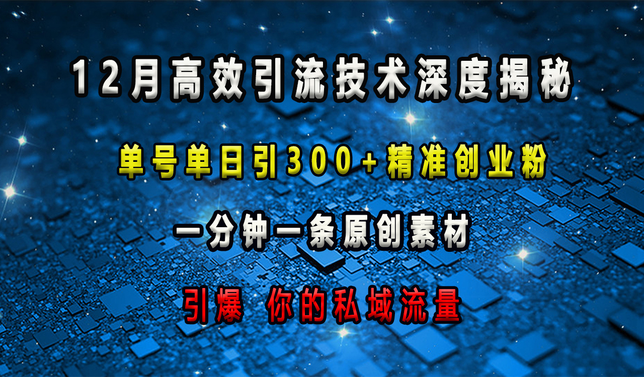 12月高效引流技术深度揭秘 ，单号单日引300+精准创业粉，一分钟一条原创素材，引爆你的私域流量聚创吧-网创项目资源站-副业项目-创业项目-搞钱项目聚创吧