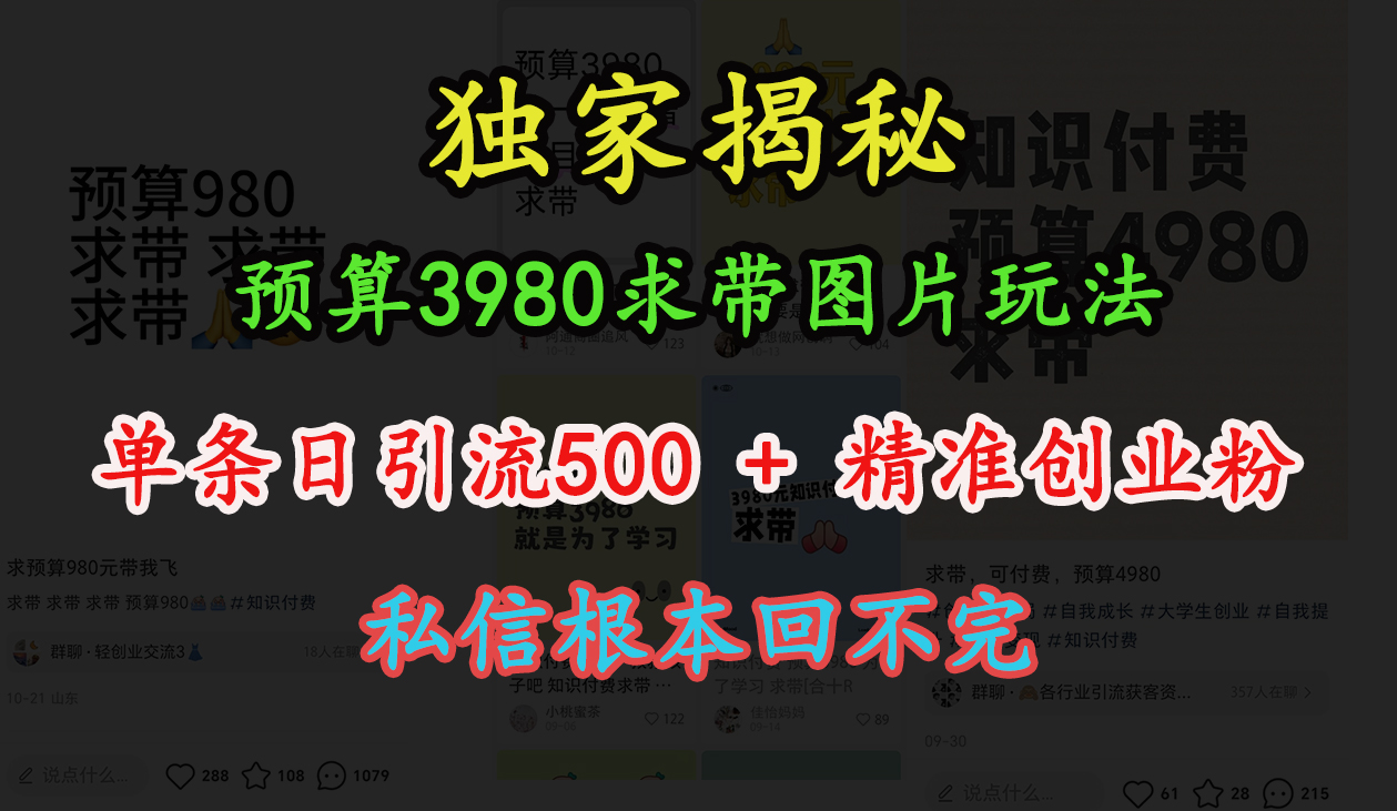 “小红书”预算3980求带 图片玩法，单条日引流500+精准创业粉，私信根本回不完聚创吧-网创项目资源站-副业项目-创业项目-搞钱项目聚创吧