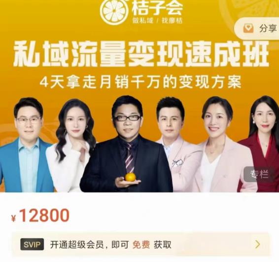 桔子会·私域流量变现速成班，4天拿走月销千万的变现方案 价值12800元聚创吧-网创项目资源站-副业项目-创业项目-搞钱项目聚创吧
