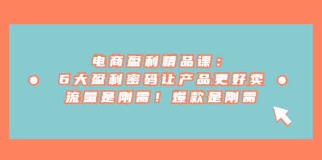 电商 盈利精品课：6大盈利 密码让产品更好卖，流量是刚需！爆款是刚需聚创吧-网创项目资源站-副业项目-创业项目-搞钱项目聚创吧