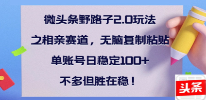 全网首发微头条野路子2.0玩法之相亲赛道，无脑搬砖复制粘贴，单账号日稳定300+保姆级教程聚创吧-网创项目资源站-副业项目-创业项目-搞钱项目聚创吧