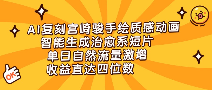 AI复刻宫崎骏手绘质感动画，智能生成治愈系短片，单日自然流量激增，收益直达四位数聚创吧-网创项目资源站-副业项目-创业项目-搞钱项目聚创吧