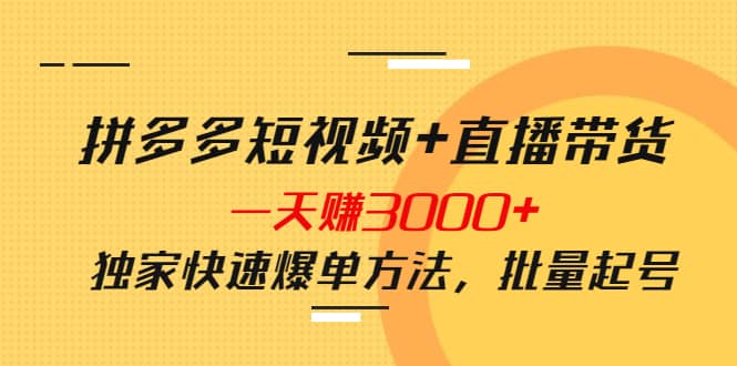 拼多多短视频+直播带货，一天赚3000+独家快速爆单方法，批量起号聚创吧-网创项目资源站-副业项目-创业项目-搞钱项目聚创吧