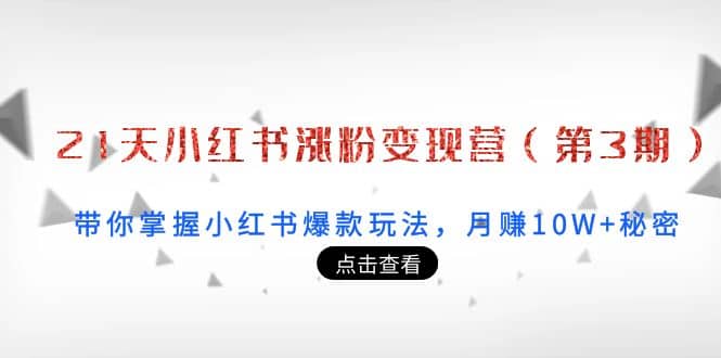 21天小红书涨粉变现营（第3期）：带你掌握小红书爆款玩法，月赚10W+秘密聚创吧-网创项目资源站-副业项目-创业项目-搞钱项目聚创吧