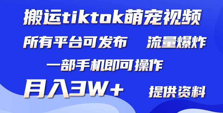 搬运Tiktok萌宠类视频，一部手机即可。所有短视频平台均可操作，月入3W+聚创吧-网创项目资源站-副业项目-创业项目-搞钱项目聚创吧