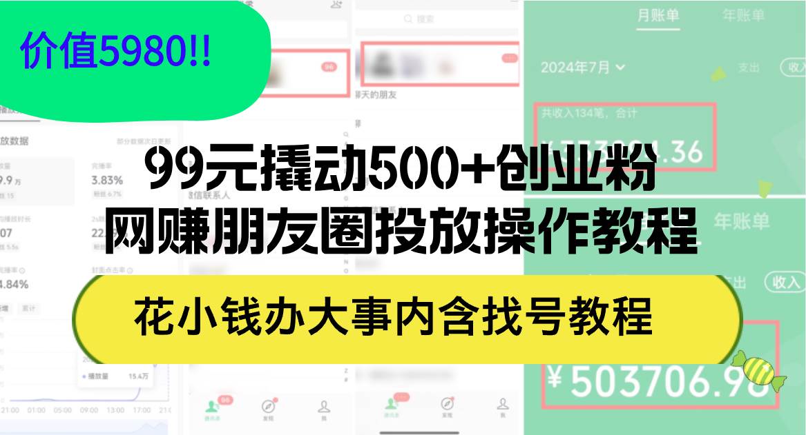 99元撬动500+创业粉，网赚朋友圈投放操作教程价值5980！花小钱办大事内…聚创吧-网创项目资源站-副业项目-创业项目-搞钱项目聚创吧