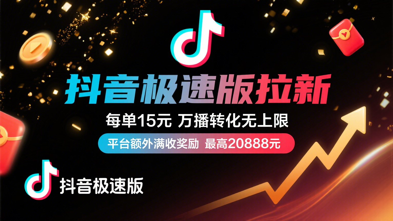 抖音极速版放福利，每单15元，万播转化无上限，平台额外满收奖励，最高可领20888元聚创吧-网创项目资源站-副业项目-创业项目-搞钱项目聚创吧